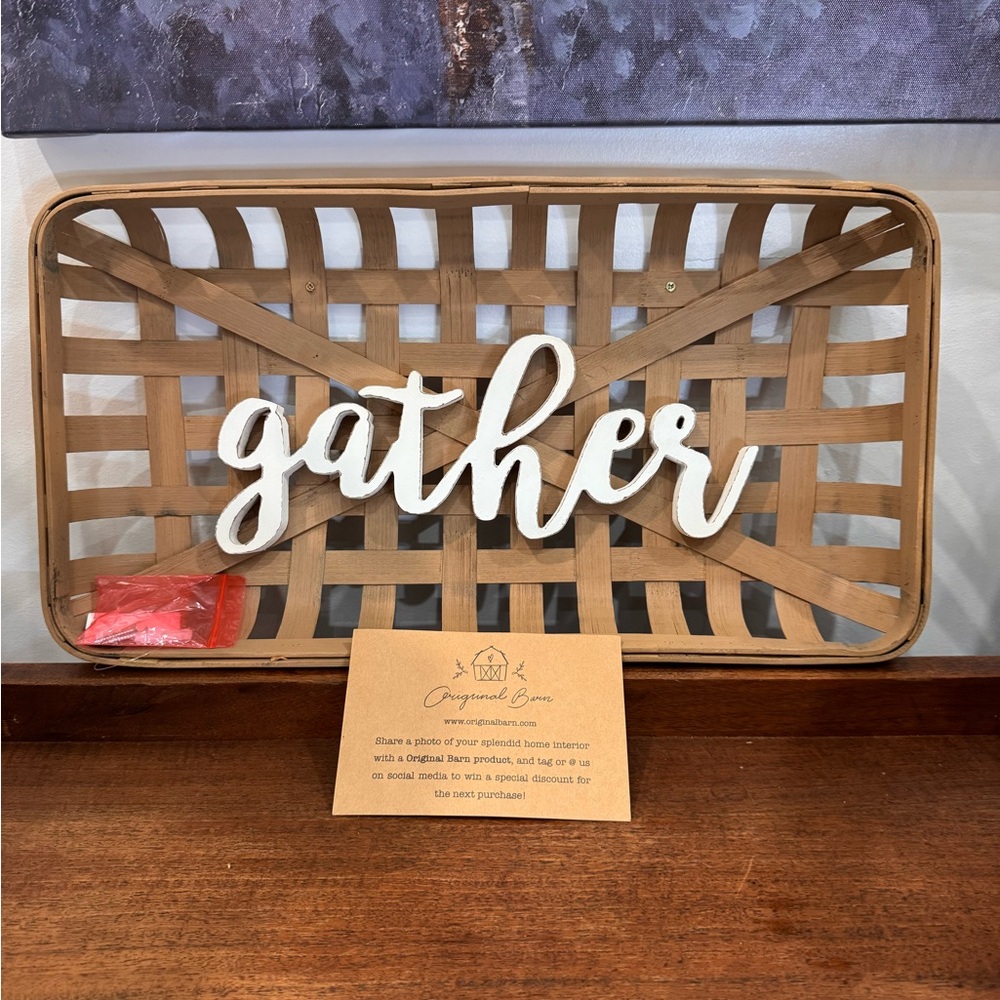 Gather Wooden Wall Sign - White Script on tobacco bamboo